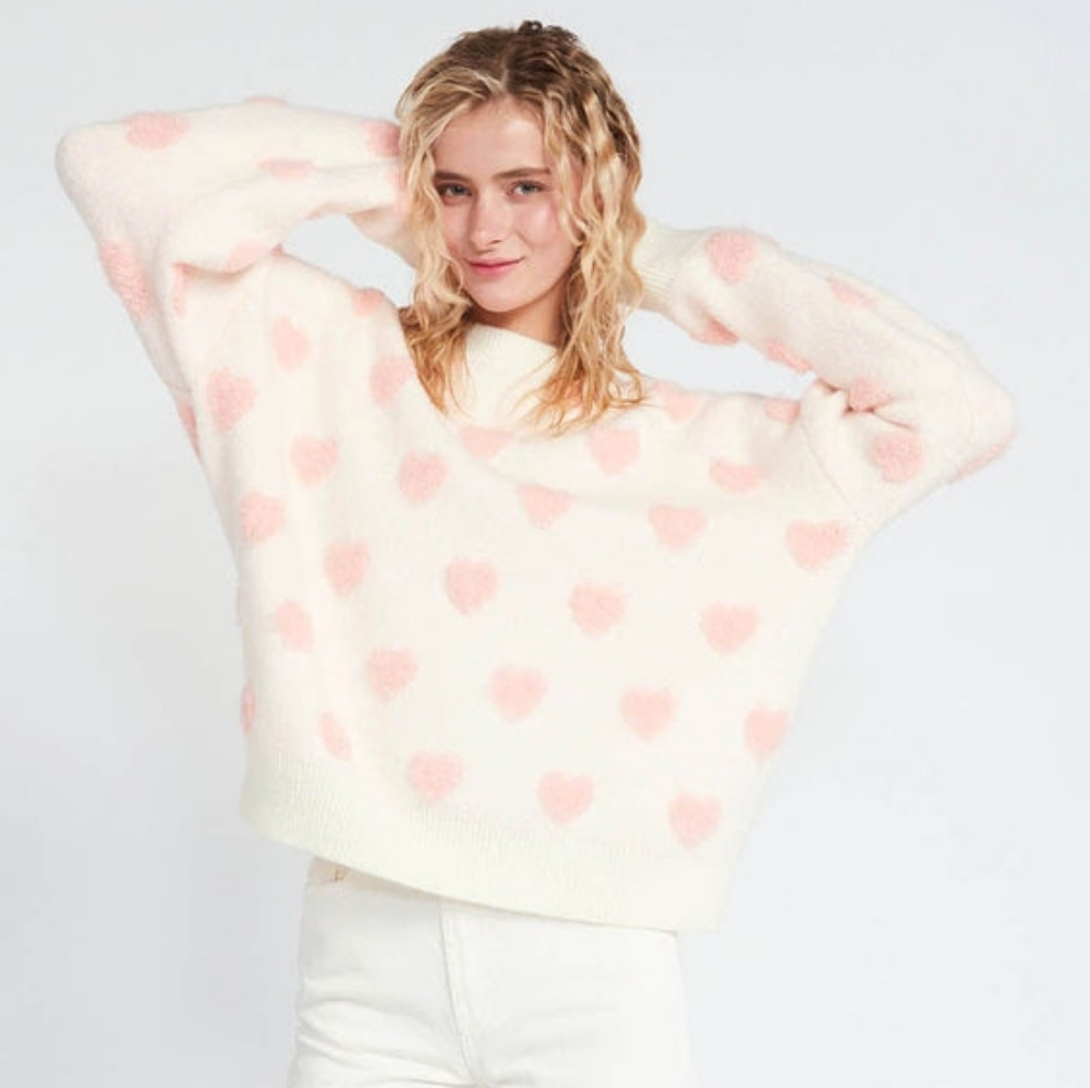 NWT - Look By M - Pink Hearts Sweetheart Crewneck Sweater, OS